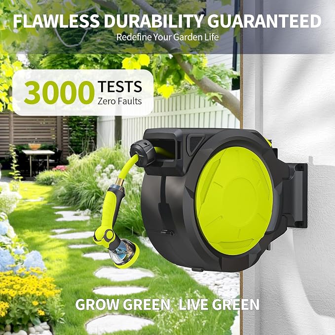 Fenbeli Retractable Garden Hose Reel 50 FT, Wall Mounted Auto Rewind Hose Reel with 10 Pattern Nozzle, Any-Length Lock, 180° Swivel Bracket, Burst-Resistant Hose & Brass Fittings for Yard Car Wash