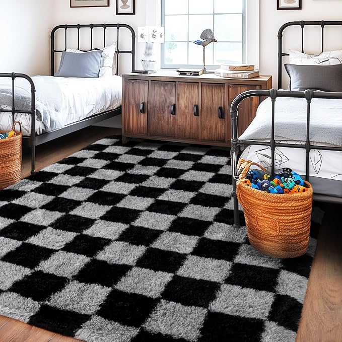 Checkered Rug 9x12 for Living Room, Ultra Fluffy Fuzzy Shag Black and Grey Large Area Rug for Bedroom, Modern Plush Soft Upgrade Non-Slip Carpet for Kids Girls and Boys Room Dorm Home Decor