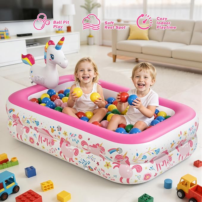 JOSEN Unicorn Kiddie Pool with Canopy and Sprinkler, Inflatable Baby Pool with Soft Cushioned Floor, Portable Toddler Pool Ball Pit for Backyard, Outdoor/Indoor Play Toys Girls Birthday Gift(Pink)
