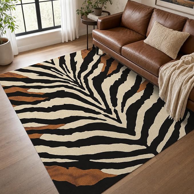 Brown Zebra Print Area Rug Modern Animal Stripes Rugs for Living Room 5×7