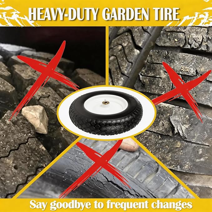 14.5" Wheelbarrow Tire Flat-Free, 3.50-8 Solid Tire 300LB Capacity Each, with 5/8" & 3/4" Bearings, 3"-4''-6''-7" Adjustable Hub, Tire and Wheel Replacement for Dolly, Hand Truck, Garden Cart, 2 Pack