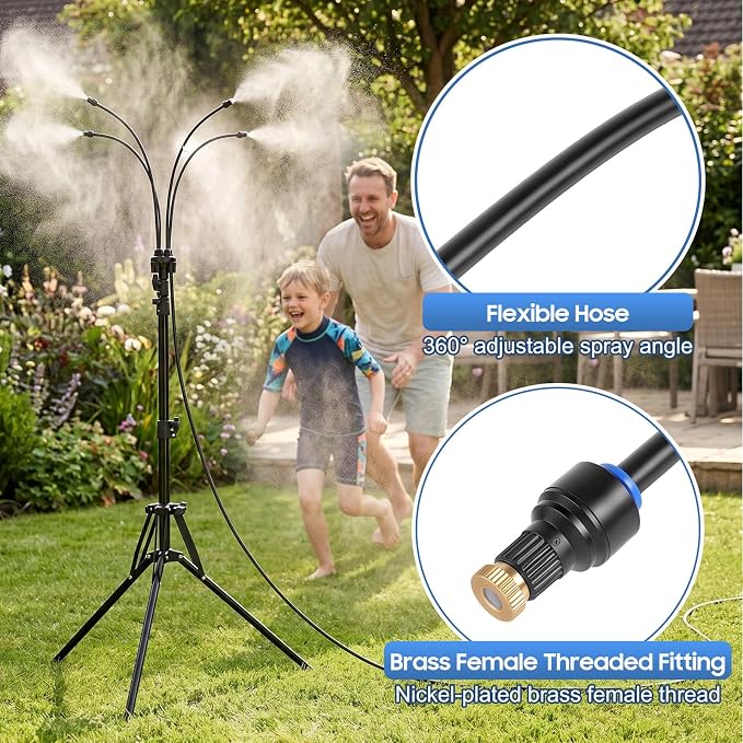 Gugxiom 5.3FT Standing Misters for Outside Patio, 26.5FT Water Supply Line & Adjustable Height & 5 Brass Nozzles, Portable Water Mister for Patio BBQ Pool