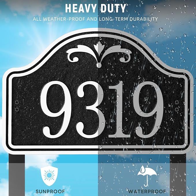 Personalized Lawn Address Plaque Sign with Stakes - House Address Signs for Outside Use for House,Apartment,Office,Yard (Black/Silver)
