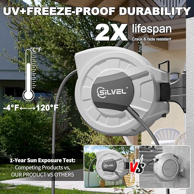 SILVEL Retractable Garden Hose Reel, 1/2 in x 110ft Wall Mount Heavy Duty Automatic Hose Reel with 10 Pattern Nozzle, Any Length Lock & Slow Return System, 180°Swivel Bracket Upgraded UV Resistant