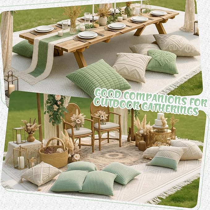 Beeveer 8 Pcs Sage Green Picnic Kit Extra Large Outdoor Boho Picnic Blanket 91x71'', Low Table Runner, 6 Throw Pillow Covers, Woven Cotton Yarn Oversize Washable Beach Blanket for Camp Wedding Garden
