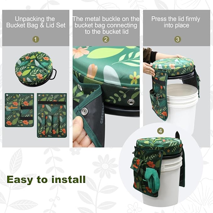 5 Gallon Swivel Bucket Seat Lid with Tool Organizer Bag, 360° Silent Rotating Padded Cushion (3" Thick), Waterproof Bucket Cover Stool for Gardening, Fishing, Hunting, Car Wash