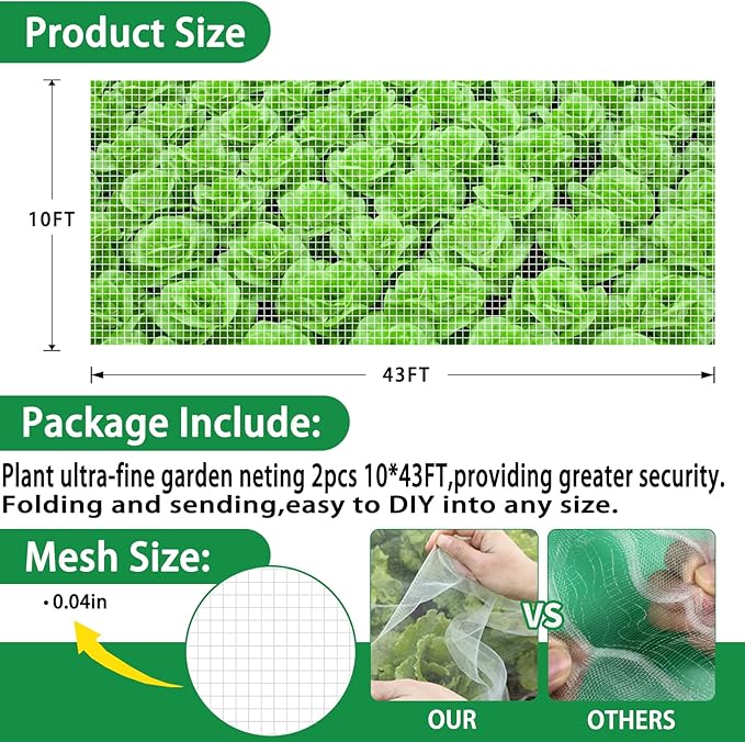 2PCS Insect Netting -10x43FT Fine Mesh Garden Protection Netting for Vegetables Plants Flowers Crops,Row Covers for Raised Bed from Birds Deer Squirrels Barrier Pest