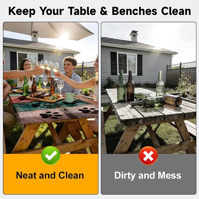 NYZE 3 Pieces Picnic Table Cover with Bench Covers Set, Camping Tablecloth, Tablecloth Cover with Drawstring Bag, Camping Essentials for Outdoor Picnics, Patio, BBQ (Paw Print Wood)