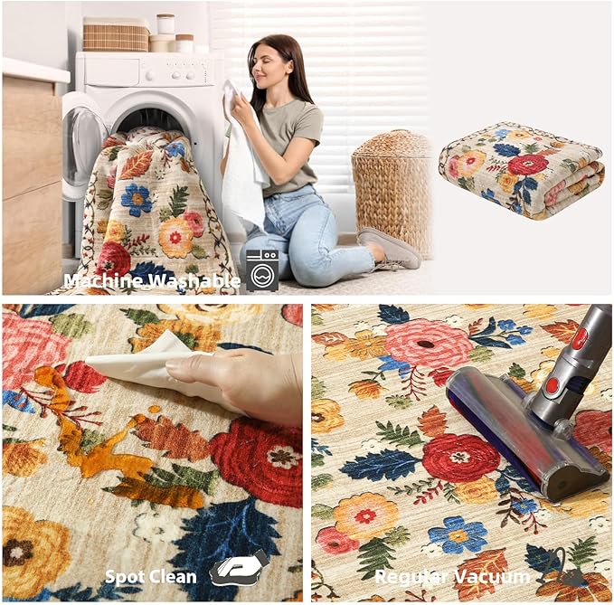 Machine Washable Rug Runners for Hallway: 2'6"x8' Kitchen Runner Rugs with Rubber Backing Non Slip Low Pile Soft Faux Wool Non Shedding Floral Carpet Runner Rug for Bedroom Entryway Living Room Indoor