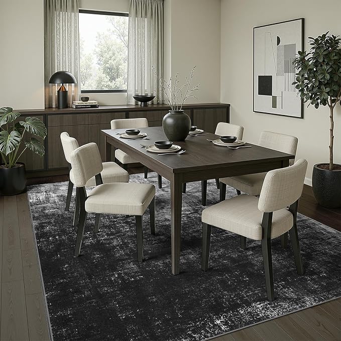 DCX Washable Abstract Area Rug 6x9, Non Slip Low Pile Rug, Black | Easy to clean, non-shedding, soft, kid & pet friendly, with a non-slip rubber backing for living rooms, bedrooms, and offices