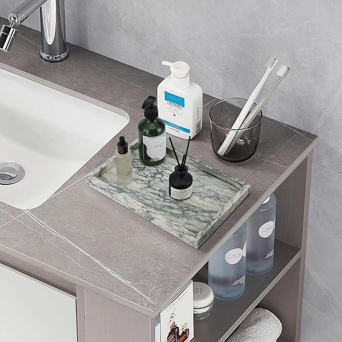 Real Natural Marble Tray for Bathroom, Vanity, Kitchen and Desktop, Rectangle Genuine Marble Stone Tray for Jewelry, Cosmetics, Candles, Lotion, Perfume (Cyan-Green, 12" x 8" x 1.2")