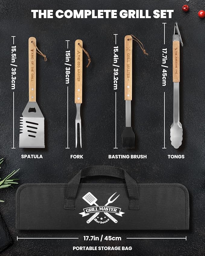 4PCS Grilling Accessories BBQ Tools - Stainless Steel Grill Set with Tongs, Fork, Spatula, Brush, Carrying Bag, Birthday for Men, Father, Husband