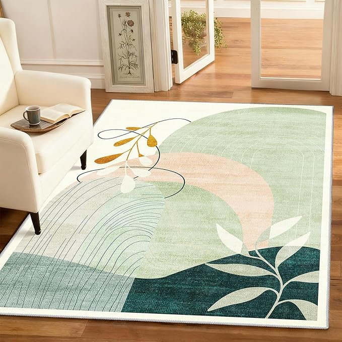 3x5 Rug Washable Area Rugs Low Pile Non Slip Mid Century Modern | Small Throw Carpet for Bedroom Entryway Living Room Office Bedside Entry Indoor Boho Abstract Retro Geometric Green