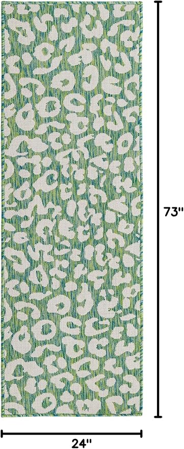 Unique Loom Outdoor Safari Collection Area Rug - Leopard (2' x 6' 1" Runner, Green Blue/ Ivory)
