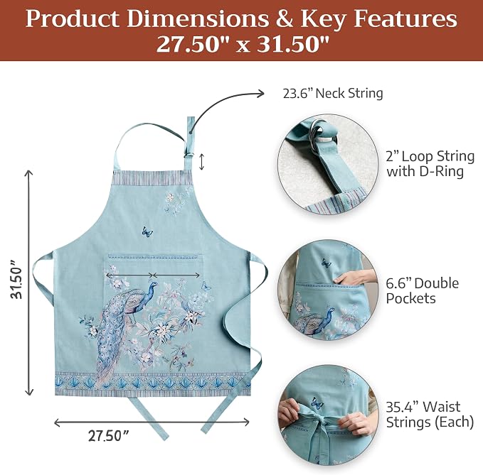 Maison d' Hermine Aprons for women with Pocket 100% Cotton (27.50"x31.50") | Adjustable Neck Strap & long ties Apron Men Chef Wedding Cooking Gardening Server Maid