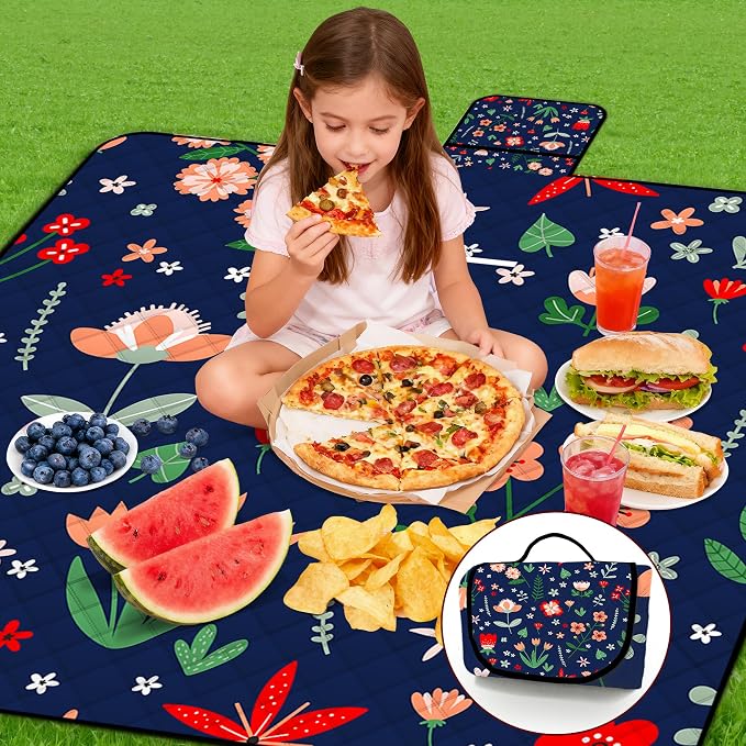 Extra Large Picnic Blanket Waterproof,80"x 80"Foldable Machine Washable Beach Blanket,Outdoor Blanket for 6-8 Adults,Suitable for Indoor Crawling,Park Beach,Camping,Hiking,Family Travel(Light Blue)