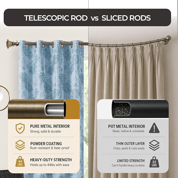 Deco Window Curtain Rods for Windows 44 – 120 Inch, 1 Inch Heavy Duty Extendable Metal Drapery Rod, Adjustable Curtain Rod with Decorative Quatro Finials for Living Room Bedroom, Antique Brass