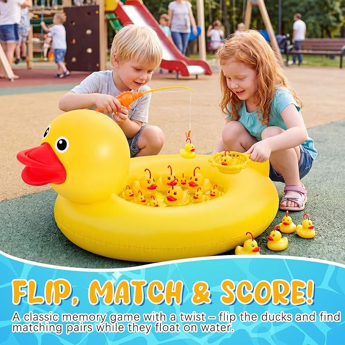 WinnerWhy Duck Pond Matching Game Set, 35.5" Inflatable Kiddie Pool with 14 Rubber Ducks, 1 Air Pump, 2 Fishing Nets & Rods, Duck Fishing/Carnival Water Game for Kids, Summer Outdoor Party