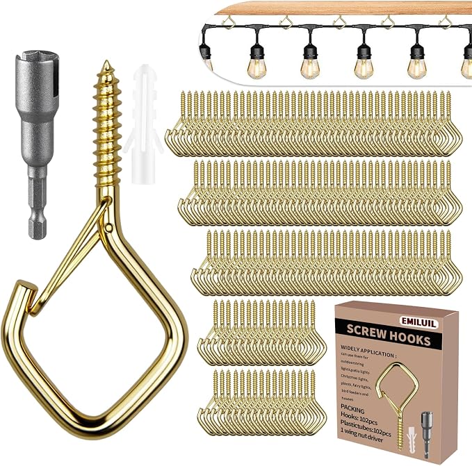102 PCS Metal Gold Eye Screw Hooks for Hanging Heavy Duty.Windproof Ceiling Hooks for Hanging Plants,Cup,Wind Chime,Bird Feeders,Christmas String Lights at Indoor&Outdoor 2.2 Inch