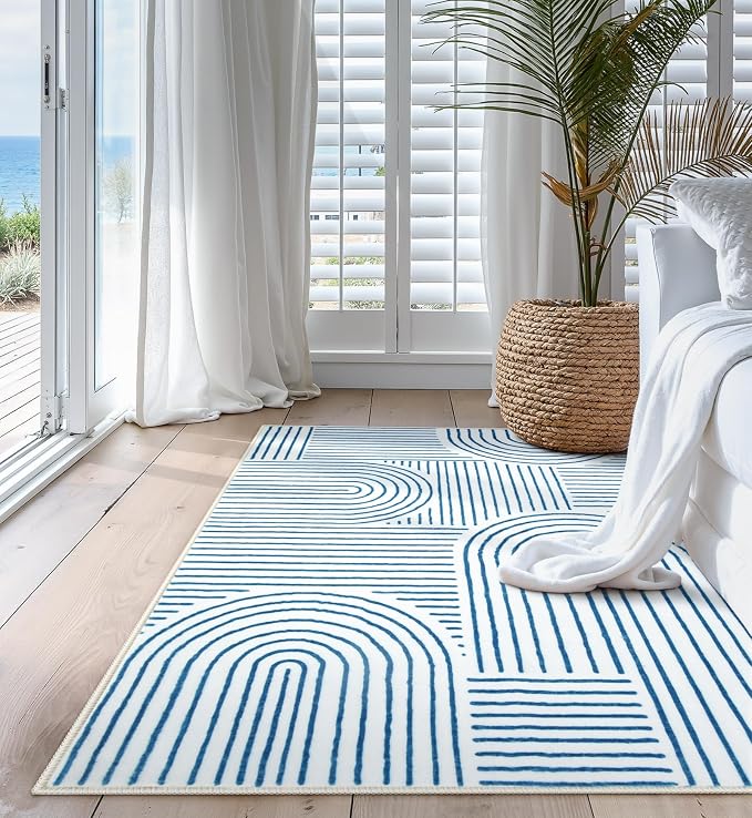 Lahome Abstract Washable Rugs, 4x6 Blue Rug for Bedroom Nursery Living Room | Soft Non Slip Modern Rug Ultra-Thin Non-Shedding Carpet for Entryway Kitchen Office Darrell(4'x6', Blue/White)