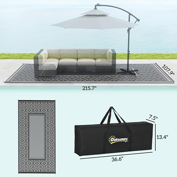 Outsunny Outdoor Rug for Patio, 9' x 18' Waterproof Large Mat, Reversible Plastic Straw Rug for Decor, Portable Outside RV Camping Area Carpet Mat for Backyard Porch Deck Picnic, Black & Gray Gourd