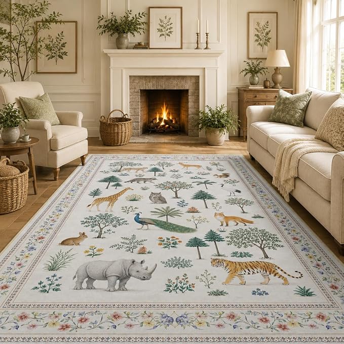 Area Rug 5x7 Jungle Animal Print Rug Wild Zoo Animals Forest Rugs for Living Room Machine Washable Non-Slip Printed Low Pile Indoor Carpet for Kids Room Nursery Bedroom Playroom,Beige