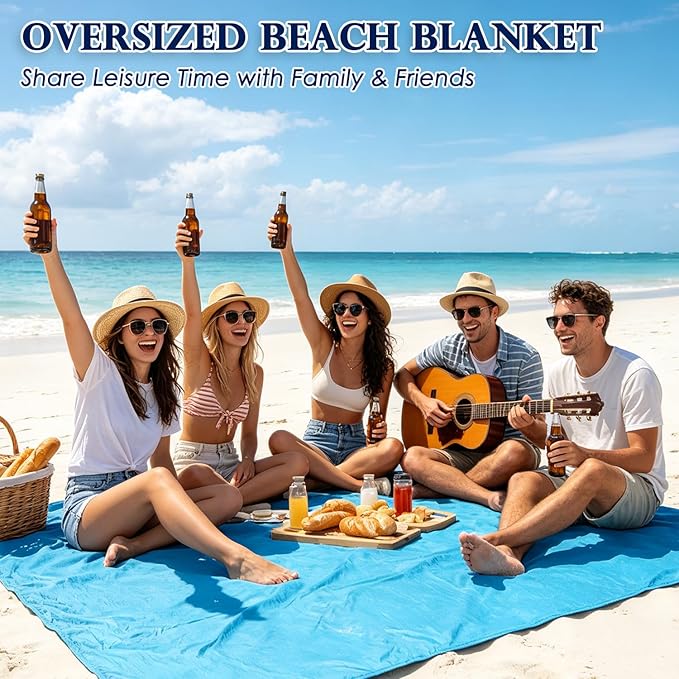 Fammart Beach Blanket Sandproof Waterproof, Extra Large Beach Mat with Stakes & Corner Pockets, Oversized & Compact Sand Free, Quick Drying Beach Essentials for Vacation, Cruise, Picnic & Camping