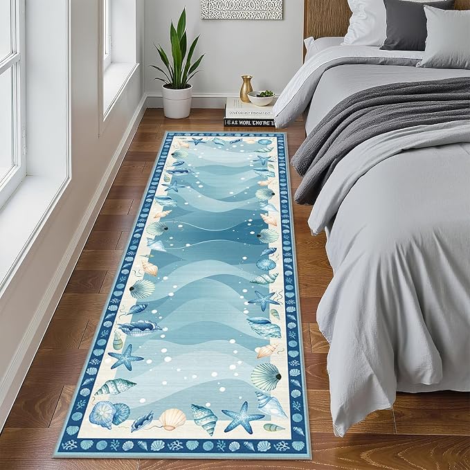 Coastal Area Rug 2x6 for Living Room, Nautical Beach Ocean Modern Print Area Rug, Blue Non-Slip Low-Pile Machine Washable Indoor Floor Carpet for Dining Room Bedroom Office