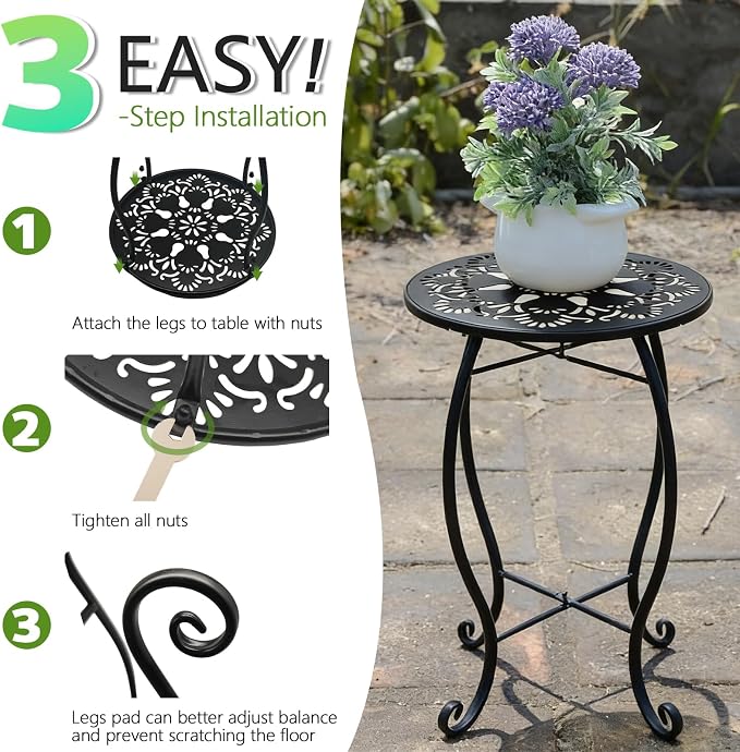 Arbuxzuy 2 Packs 17" Tall Round Metal Outdoor Side Tables for Patio, Decorative Black Flower Pot Stand, Rustproof Potted Holder, 120 lbs Load Capacity