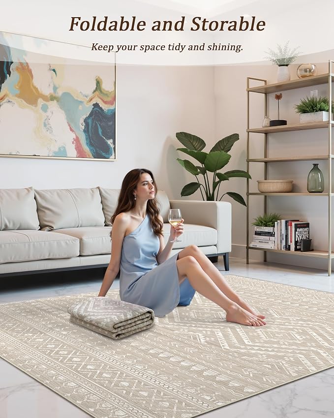 Miukiki 5x7 Washable Area Rug for Living Room, Soft Non Slip Rug Brown | Non-Slip Thin Throw Rug for Bedroom Kitchern Dining Room Office, Low Pile Indoor Floor Carpet with Vintage Pattern 5'x7'