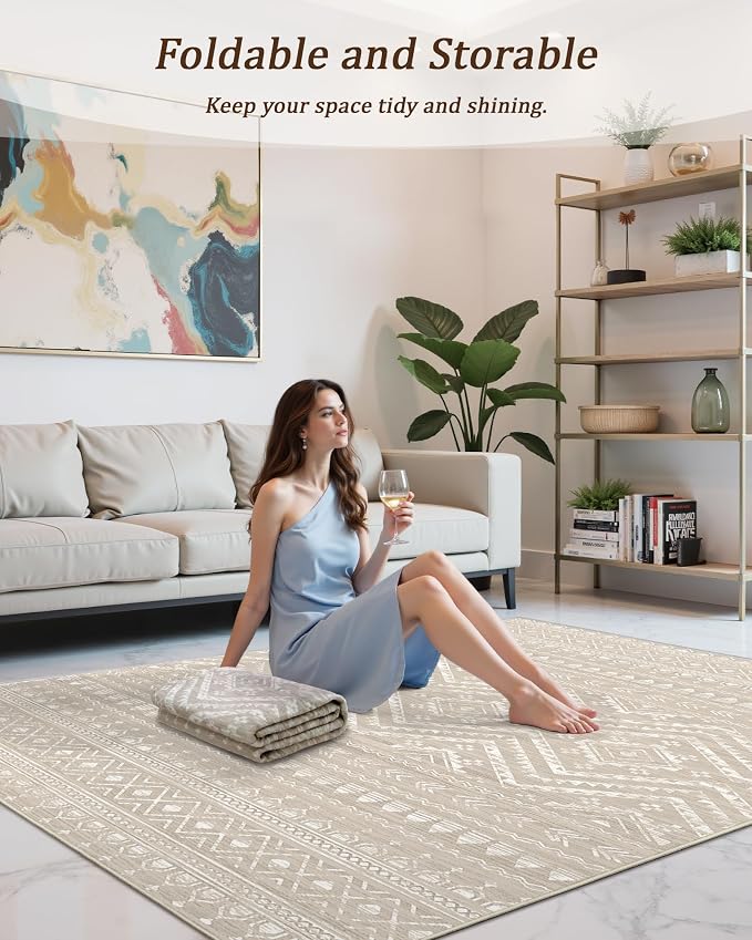 Miukiki 9x12 Area Rug for Living Room, Washable Non Slip Moroccan Rug Brown | Large Soft Rug for Kitchen Bedroom Dining Room Office, Low Pile Indoor Floor Carpet Home Decor 9'x12'
