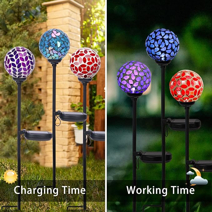 VCUTEKA Decorative Solar Garden Lights, 3.5" Mosaic Globe Stake 3 Pack | Mosaic Glass Design, Solar LED Light, Weather Resistant, Auto On/Off and Metal Stake Design for Lawn and Patio