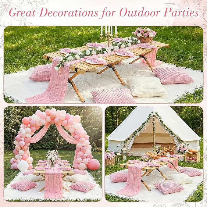 91 x 71 Extra Large Outdoor Boho White Picnic Blanket with Pink Table Runner, 6 Napkins and 6 Throw Pillow Covers Table Decor for Beach Picnic Camp Wedding Party Birthday Baby Shower