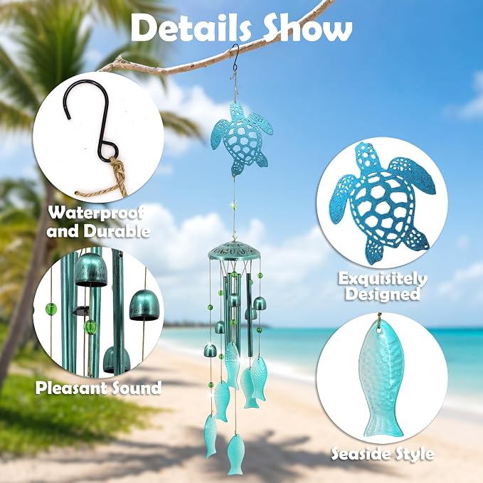 Sea Turtle Glass Windchimes Unique Metal Wind Chimes for Outside Pendant | Sea Turtle Ornament Memorial Windchimes Outdoors, Outdoor Metal Wind Chimes, Home Gifts for Women, Patio Porch Garden Decor