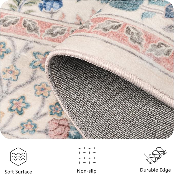 8x10 Area Rugs, Machine Washable Low Pile Floral Rugs for Living Room, Bedroom, Large Boho Area Rug with Non-Slip Backing for Dining Room(Pink Floral)