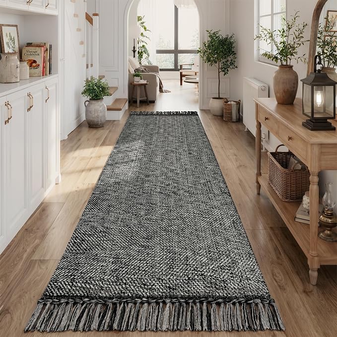 Rug Runners for Hallways, Boho Washable Kitchen Rugs | 2.6' x 10' Farmhouse Indoor Entry Hall Carpet, Black Modern Hand Woven Bathroom Runner Rug for Bedroom Entrance Porch Decor