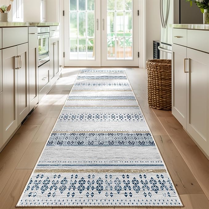2x8 Washable Area Rugs for Living Room Boho Runner Rug Blue/Brown | Vacuum Friendly, Machine Washable, Non-Slip Rug, Stain Resistant, Moroccan Geometric, Low Pile Carpet, Hallway Kitchen
