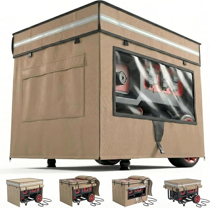 Generator Covers While Running, Generator Covers Compatible with 3000W-5000W Generator, 28"L x 20"W x 20"H Heavy Duty Waterproof Generator Cover for Outside, Transparent Windows to See Gauges, Khaki