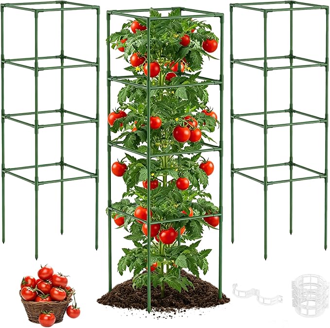 14.5" W x 53" H Tomato Cage for Garden, 3 Pack Square Tomato Trellis Plant Support Frame with 50 Pcs Plant Clips, Suitable for Climbing Vegetables, Flowers, and Fruits
