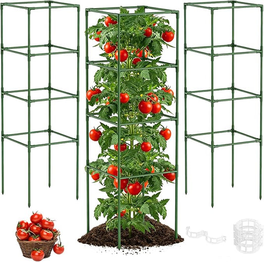 14.5" W x 53" H Tomato Cage for Garden, 3 Pack Square Tomato Trellis Plant Support Frame with 50 Pcs Plant Clips, Suitable for Climbing Vegetables, Flowers, and Fruits
