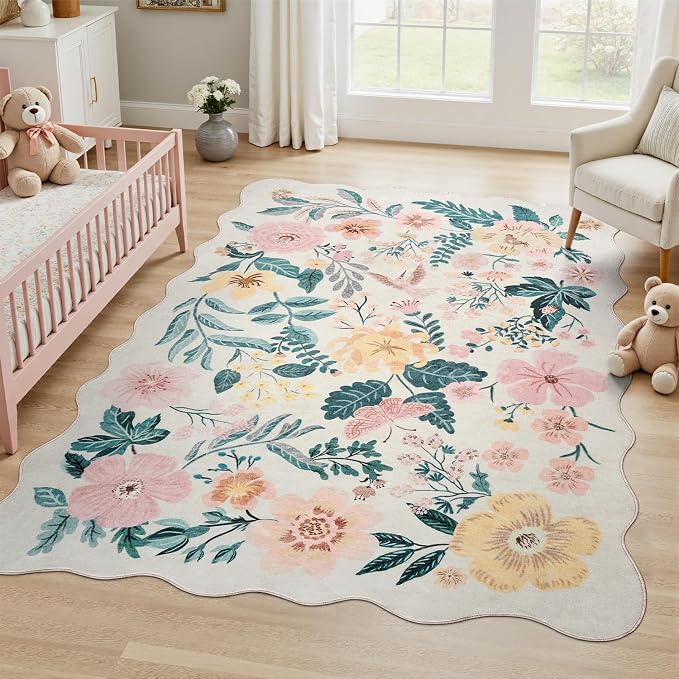 DCX Vintage Floral Washable Area Rug 5x7, Non Slip Low Pile Rug, Pink | Rugs for nursery bedroom, living room, bedroom, office, soft, kid & pet friendly, sain resistant indoor carpet, home decor