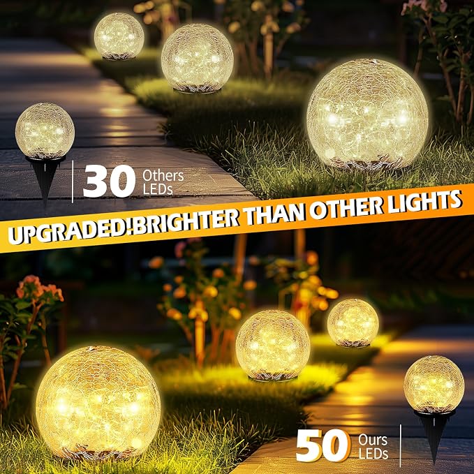 Garden Solar Ball Lights Outdoor Waterproof 50LED Cracked Glass Globe 4.7'' | 2 Pack Solar Power Ground Lights for Path Yard Patio Lawn, Christmas Decoration Landscape Warm White