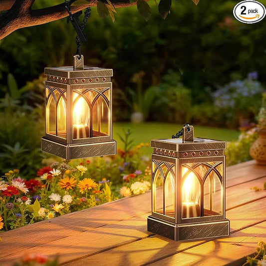 KOOPER 2 Pack Solar Lanterns Outdoor Waterproof, Brighter Hanging Solar Lantern Lights for Outside, Auto ON/Off Lanterns Decorative Outdoor for Garden Table Yard Path Patio Lawn Decor, Gifts (Bronze)