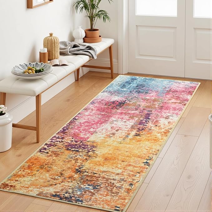 Colorful Washable Runner Rug for Bedroom, Abstract Non-Slip Soft Entryway Rugs, Modern Low Pile Stain Resistant 2x6 Carpet for Entryway, Kitchen, Hallway, Bedside