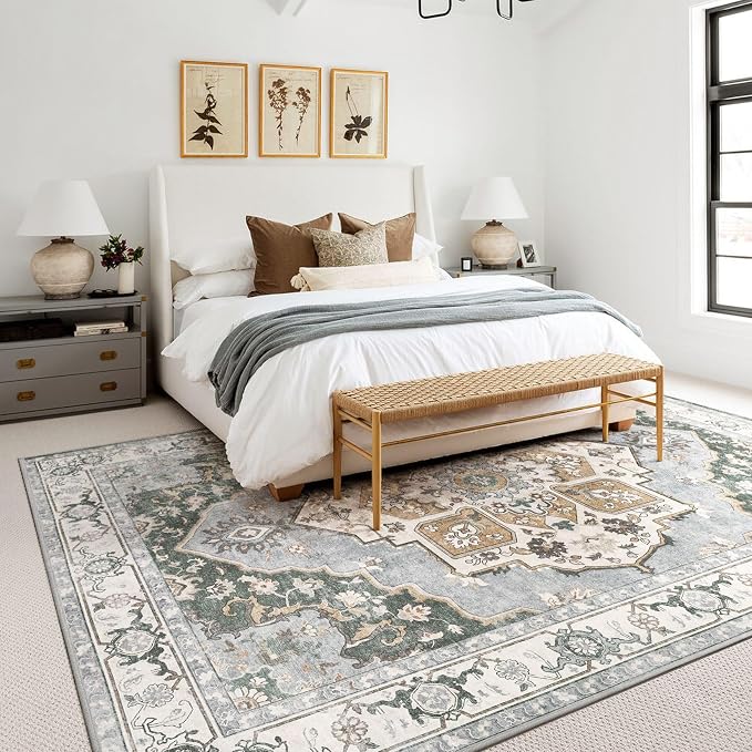 10x14 Washable Area Rug: Vintage Neutral Soft Non Slip Thin Large Floor Carpet for Living Room Bedroom Kitchen Dining Room Home Office Farmhouse Indoor - Green