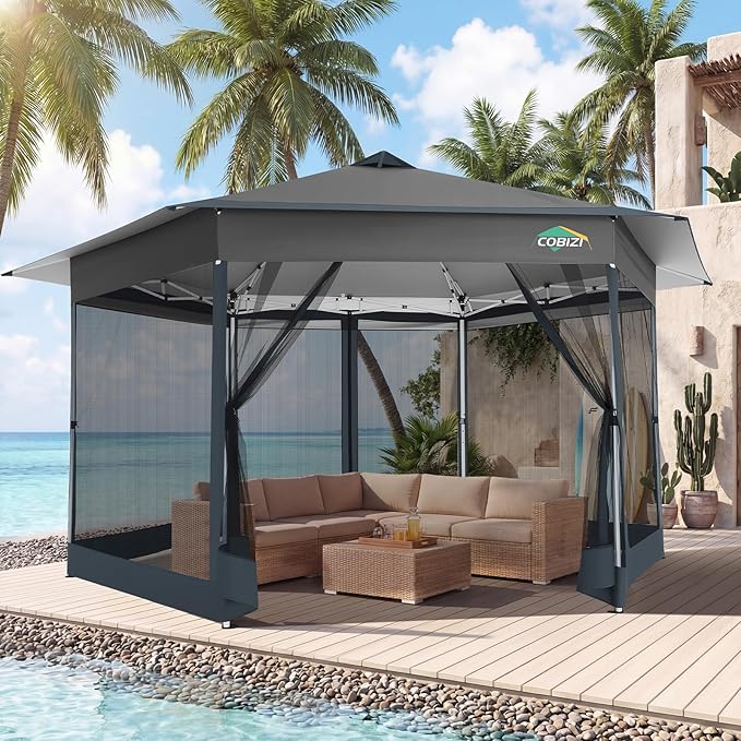 COBIZI 14x14 Pop Up Gazebo Tent with Mosquito Netting, Gazebos on Clearance, Hexagonal Outdoor Canopy Shelter, Patented Center Lock 6-Sided Portable Gazebos, Pop Up Canopy Tent for Backyard, Gray