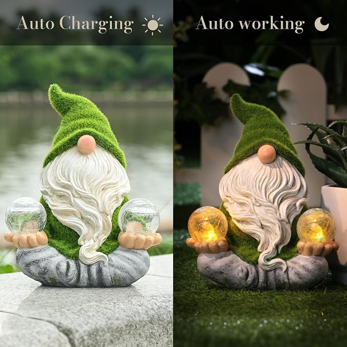 TERESA'S COLLECTIONS Garden Gnomes Decor with Solar Lights, St Patricks Decorations for Outdoor Decor,Resin Flocked Zen Garden Decor Outdoor for Porch Patio, Yoga Gnome Gifts for Women and Men, 8"