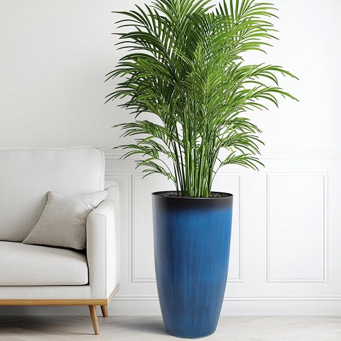 Autodaya 23.8" Tall Planters Set of 2, Large Plastic Plant Pots with Artistic Floating Cobalt Blue Glaze, UV-Resistant Lightweight PP Flower Pots for Outdoor Indoor Plants, Garden, Patio, Deck, Porch