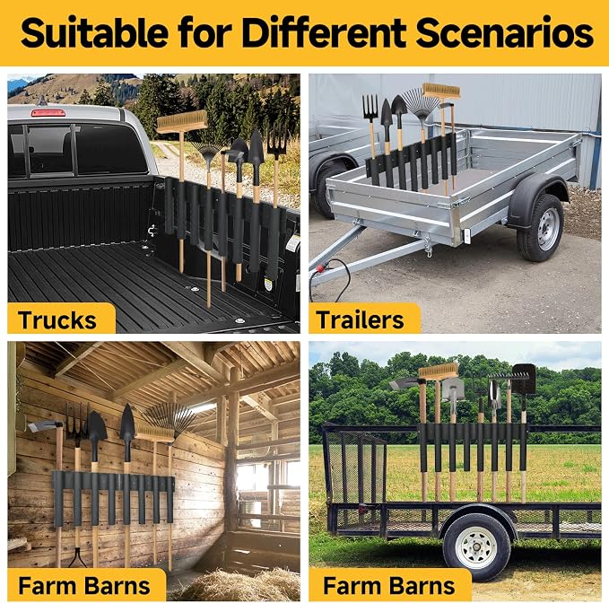 mopam Shovel Holder for Truck Landscape Hand Tool Rack with 8 Holes in 2 Groups Heavy Duty Trailer Tool Rack Truck Bed Tool Box Mount Garden Tool Organizer for Rakes Snow Shovels Hoes