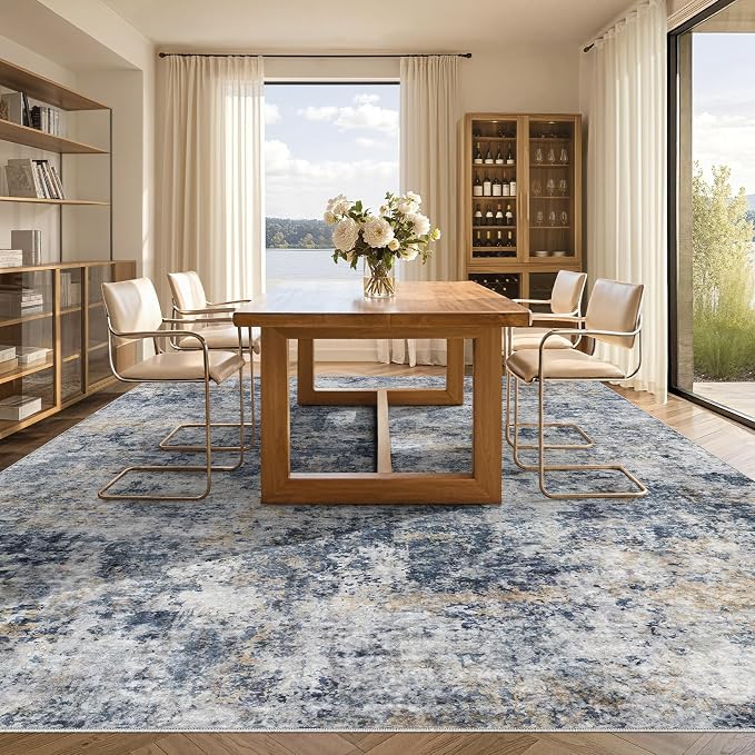 Tortania Washable 7x9 Area Rug for Living Room: Modern Abstract Neutral Large Soft Thin Rugs - Non Slip Indoor Carpet for Bedroom Dining Room Office Nursery Home Floor Decoration - Blue Grey